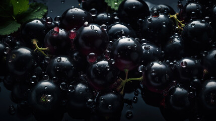 Fresh ripe blackcurrant with water drops background. Berries backdrop. Generative AI - obrazy, fototapety, plakaty