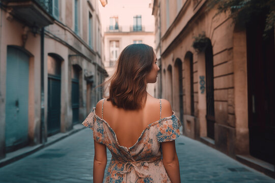 generative ai illustration of beautiful woman from behind in france, paris