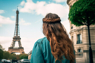generative ai illustration of beautiful woman from behind in france, paris
