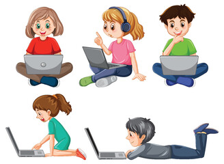 Set of children using laptop