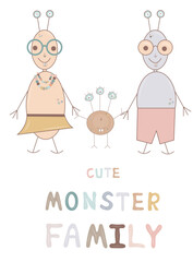Vector happy monsters family card template, cute monster illustration