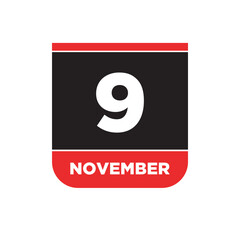 9th November calendar date icon. 9 Nov lettering.