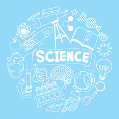 Fototapeta na wymiar Science Banner with Doodle Icons