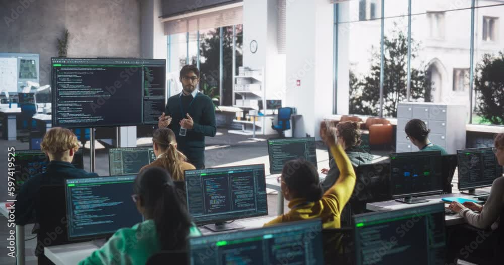 Poster Lecturer Giving Computer Science Class to Diverse Multiethnic Group of Female and Male Classmates in a College Room. Female Student Asks for a Better Explanation of Software Engineering