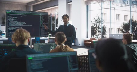 Teacher Giving Computer Science Lecture to Diverse Multiethnic Group of Female and Male Students in a College Room. Projecting Slideshow with Programming Code. Explaining Information Technology