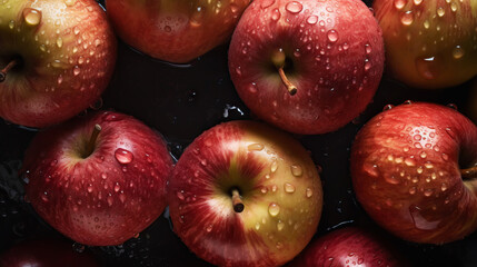 Fresh ripe apples with water drops background. Fruits backdrop. Generative AI
