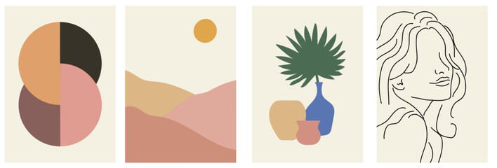 collection of modern simple posters: abstractions with colored geometric shapes, minimalistic landscape, palm leaf in vases, linear portrait of a woman on a beige background. boho and bauhaus style