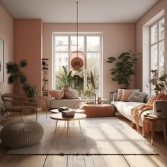 Minimalist Living Room with Large Windows and Plants, Peach Colour Theme Generative AI
