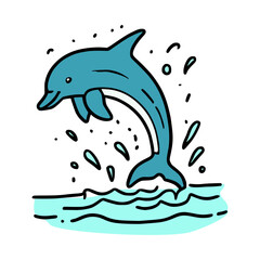 illustration of a dolphin jumping out of the water in doodle style on an isolated background