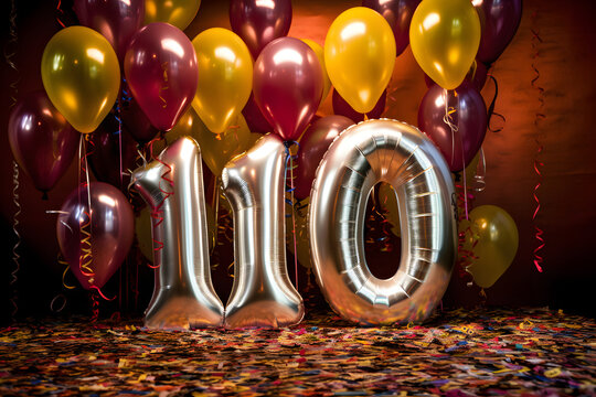 Fête anniversaire avec ballons d'hélium argentés et colorés  pour célébrer les 110 ans » IA générative