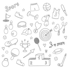 Doodle fitness and sport doodle elements.  Sport and fitness icons. Line art. Set of hand drawn sport accessories on white background. Fitness, sport and healthy lifestyle concepts.