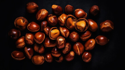 Many dried acorn nuts background. Top view on large group of nuts. Generative AI