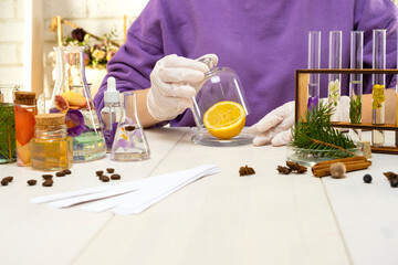 Preparation of perfumes from natural ingredients, aromatherapy. Fresh flowers and natural...