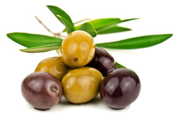 Delicious green and black olives on white background