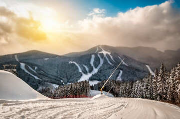 Ski resort in winter mountains