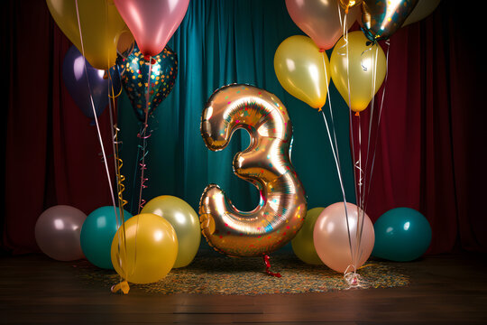 F&ecirc;te anniversaire avec ballons d'h&eacute;lium dor&eacute;s et color&eacute;s pour c&eacute;l&eacute;brer les 3 ans &raquo; IA g&eacute;n&eacute;rative
