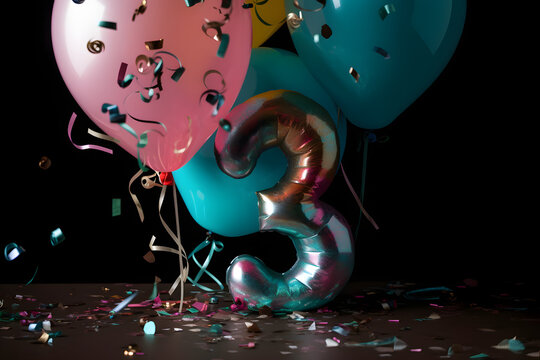 Ballons argentés et colorés pour fêter 3 ans d'anniversaire » IA générative