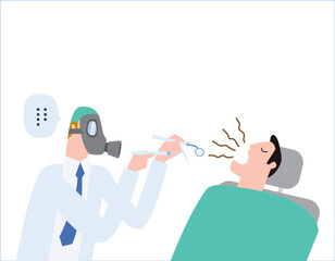 Male dentist Medical treatment to a male patient at the clinic. wearing a gas mask. halitosis, Bad breath. health care concept vector people flat design illustration isolated background.