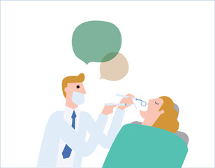 Male dentist Medical treatment to a female patient at the clinic. health care concept vector people flat design illustration isolated background.