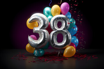 Fête anniversaire avec ballons d'hélium argentés et colorés pour célébrer les 38 ans » IA générative - obrazy, fototapety, plakaty
