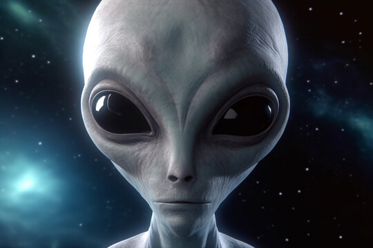 Alien or extraterrestrial, sci-fi, horror concept. Gray alien portrait with big heads and dark big eyes in space background. Generative AI