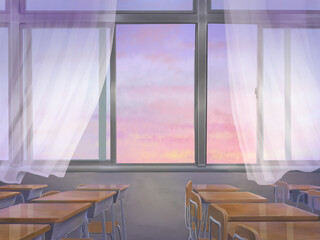 夕焼けが見える、カーテンがある教室