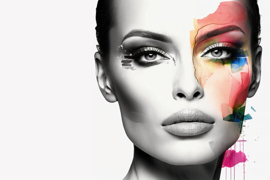 Face chart with creative colorful abstract makeup. Cosmetics and make up concept. Generative AI