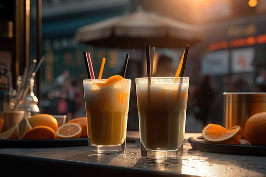 coffe and orange juice cocktail on street food table illustration generative ai