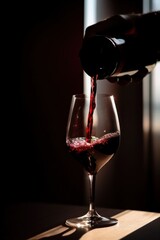 Fototapeta na wymiar A person pouring red wine into a wine glass. AI generative image.
