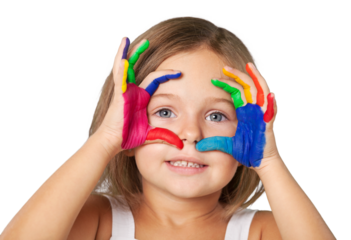 Smiling child showing her colored hands