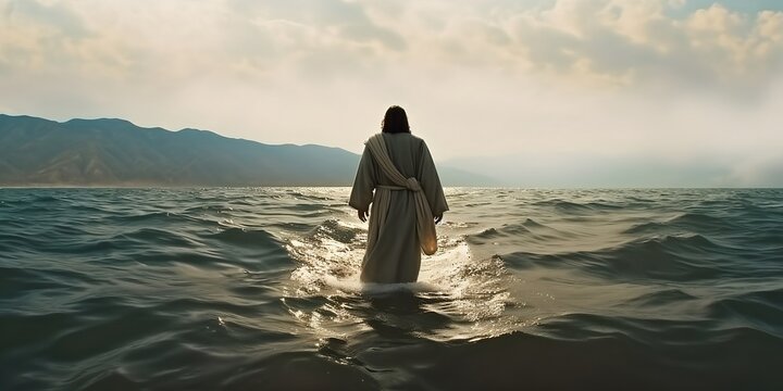 Jesus Christ walking on water on the sea of Galilee. AI generated image