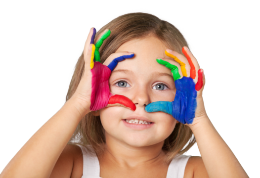 Smiling child showing her colored hands