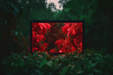 Stylish red LED screen with lush foliage background. Generative AI