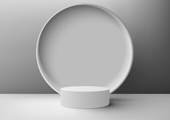 3D realistic modern minimal style empty white podium stand with white circle backdrop on gray background