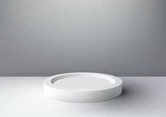 3D realistic mockup display empty white podium platform display on minimal wall scene gray background and natural light.