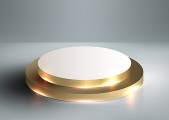 3D realistic luxury minimal style shiny golden metallic podium stand with lighting effect on white background