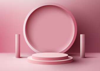 3D realistic modern style empty pink podium stand with pink circle backdrop and geometric elements on pink background