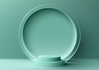3D realistic empty green podium stand with circle transparent glass backdrop on green background