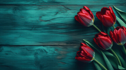 Fototapeta na wymiar tulips are in the corner in front of a wooden background with enough copy space, ai generative