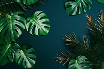 Flat lay background made of Monstera leaves in a border with copy space. Horizontal frame. Generative AI