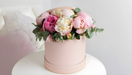 pink roses in vase, Bouquet of peonies and roses in paper box. Interior decoration in in pastel colors, Mock-up of hat box of flowers.Flowers in round luxury present box