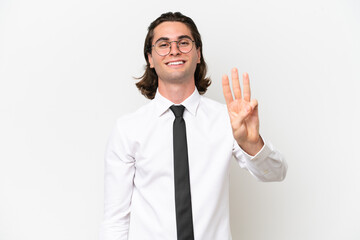 Business handsome man isolated on white background happy and counting three with fingers