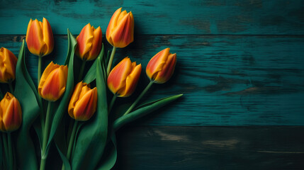 tulips are in the corner in front of a wooden background with enough copy space, ai generative