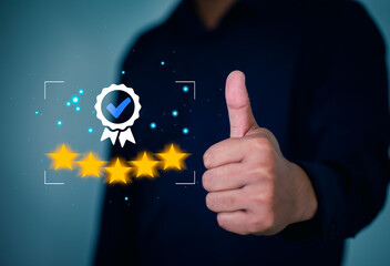Businessman guarantee certificate quality standard the best company service technology for evaluation concept with icon stars and symbol success.