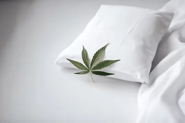 Foto op Aluminium Banner with pillow and cannabis leaf. CBD or CBN concept © Tsareva.pro