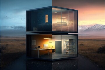 Home-office concept of a tiny house split in two parts