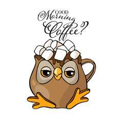 drawn cup-owl with coffee and book, coffee day, world coffee day