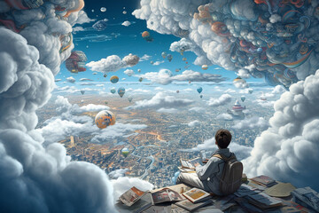 a young guy among books and clouds, the world of dreams, reading literature, created by a neural network, Generative AI technology - obrazy, fototapety, plakaty