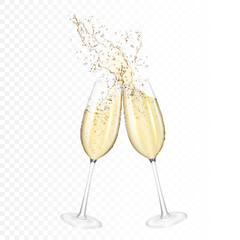 Transparent realistic two wine glasses of champagne, isolated.