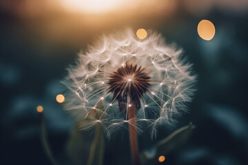 A macro shot of a dandelion with a hazy background and a glowing center. Generative AI